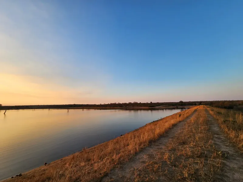 Tranquil dam at sunset with golden grasslands
