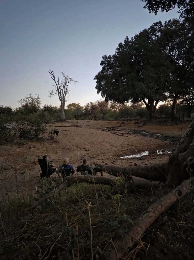 Guests seated at dusk near dry riverbed